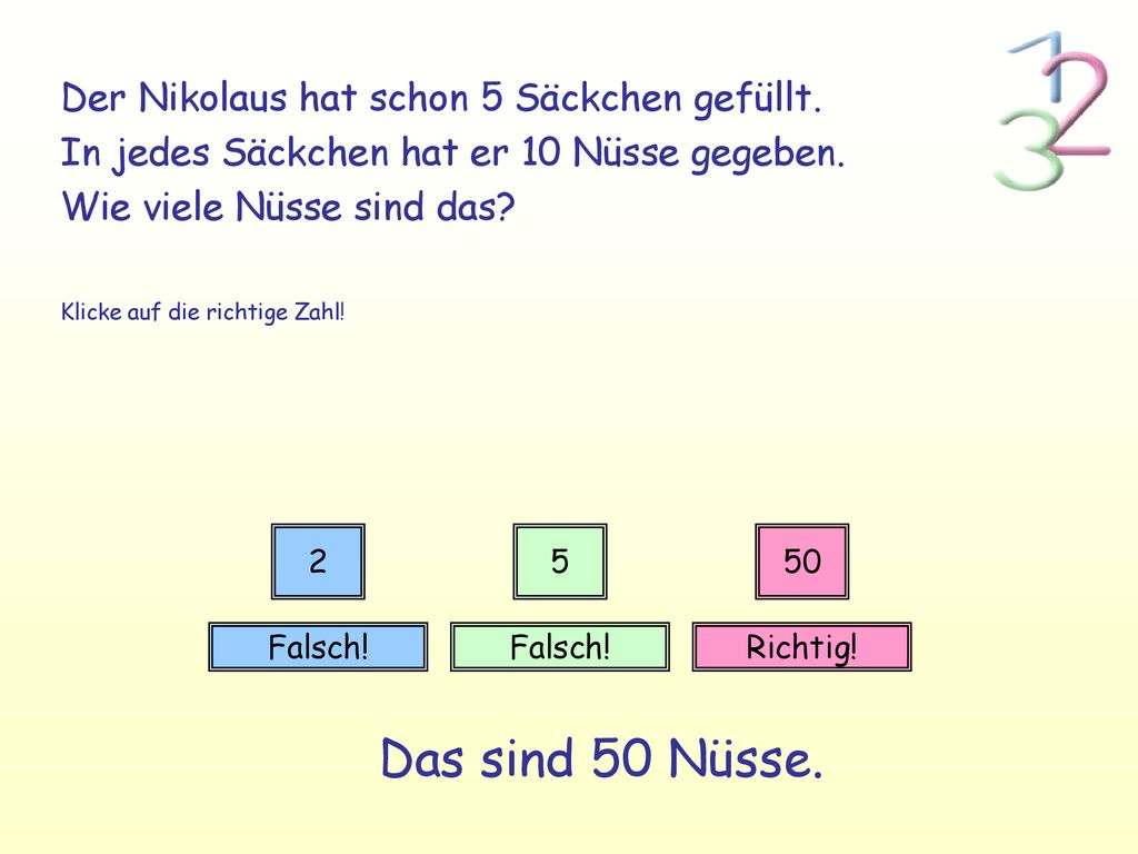 Das sind 50 Nüsse. Der Nikolaus hat schon 5 Säckchen gefüllt.