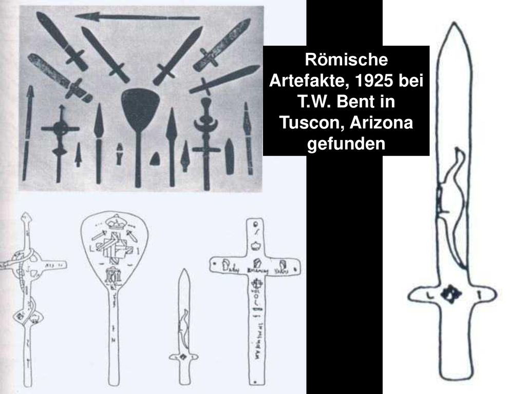 Römische Artefakte, 1925 bei T.W. Bent in Tuscon, Arizona gefunden