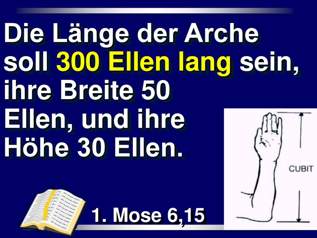 Die Länge der Arche soll 300 Ellen lang sein, ihre Breite 50 Ellen, und ihre Höhe 30 Ellen.