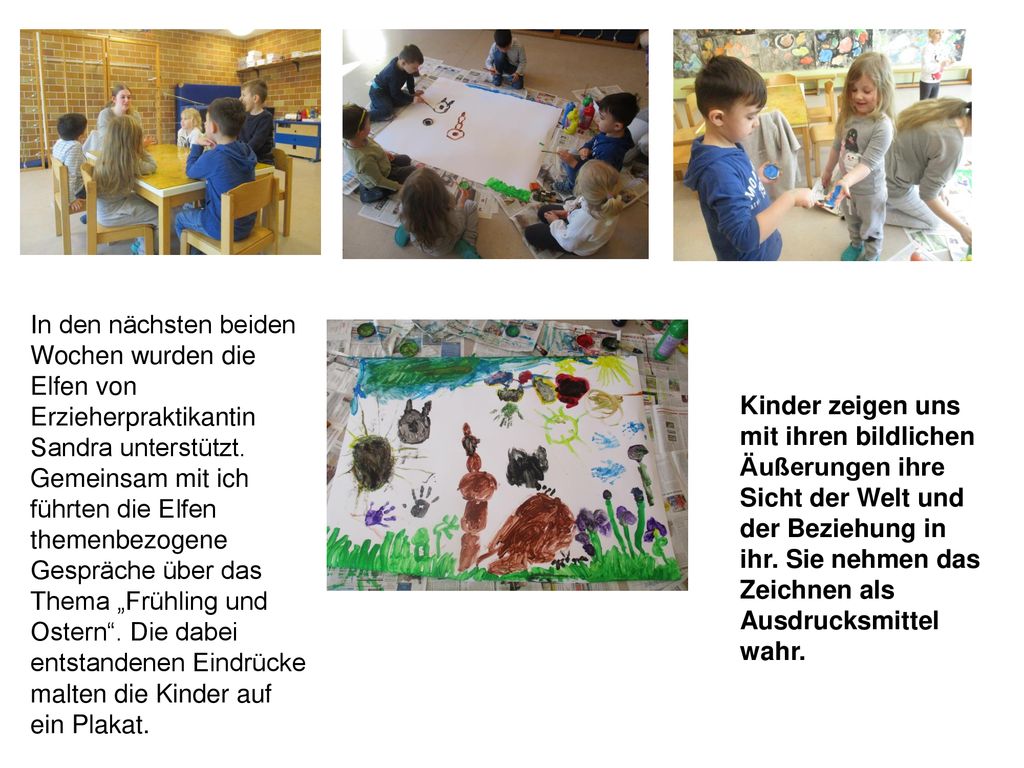 In den nächsten beiden Wochen wurden die Elfen von Erzieherpraktikantin Sandra unterstützt. Gemeinsam mit ich führten die Elfen themenbezogene Gespräche über das Thema „Frühling und Ostern . Die dabei entstandenen Eindrücke malten die Kinder auf ein Plakat.