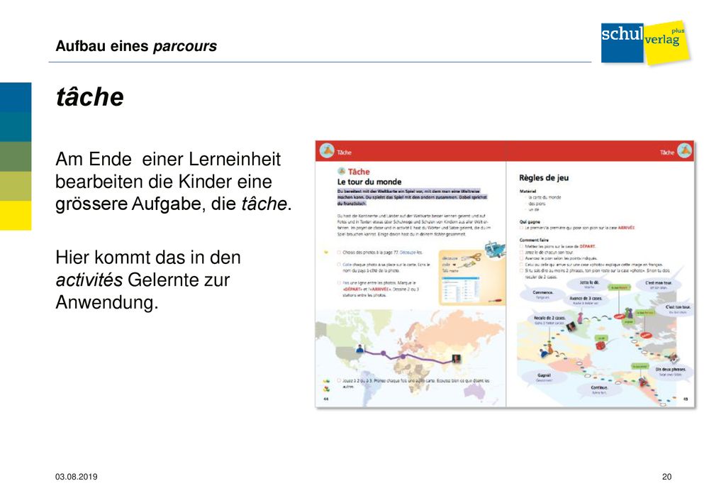 Aufbau eines parcours tâche. Am Ende einer Lerneinheit bearbeiten die Kinder eine grössere Aufgabe, die tâche.