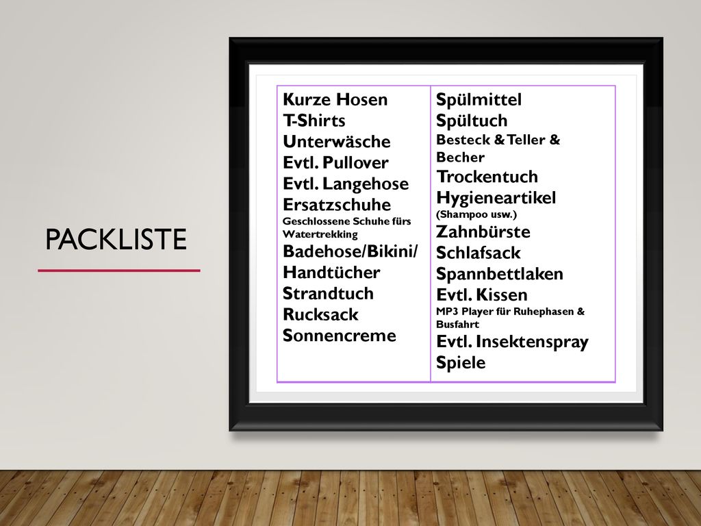 Packliste Kurze Hosen T-Shirts Unterwäsche Evtl. Pullover