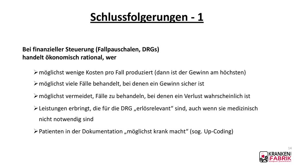 Schlussfolgerungen - 1 Bei finanzieller Steuerung (Fallpauschalen, DRGs) handelt ökonomisch rational, wer.