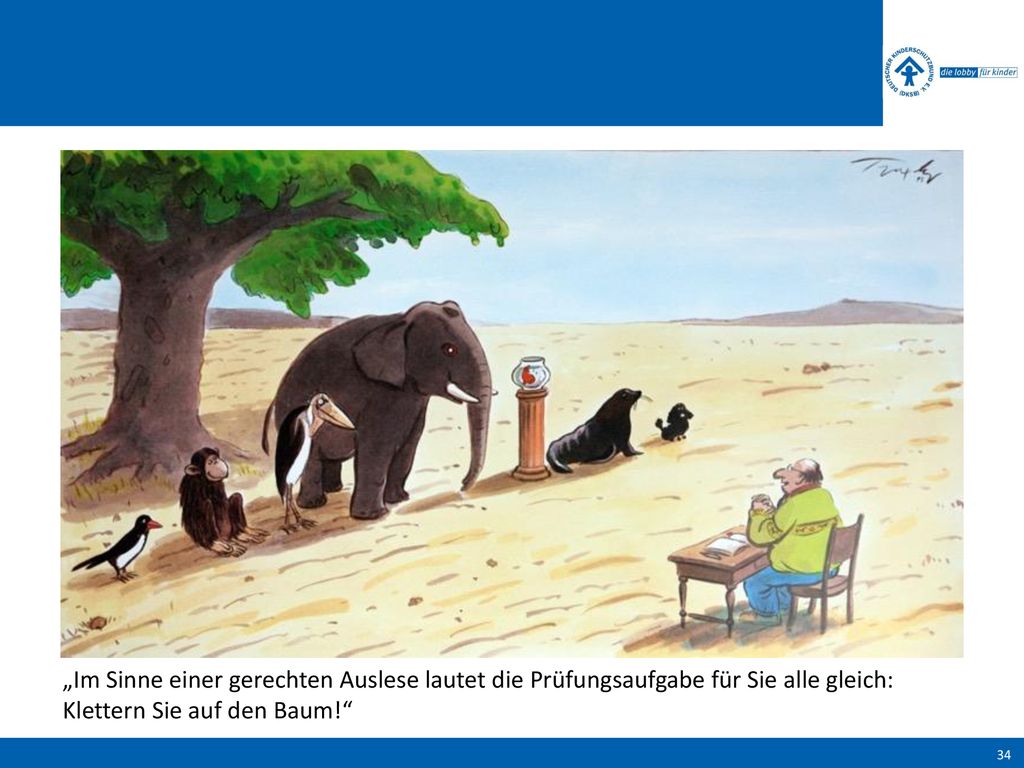 „Im Sinne einer gerechten Auslese lautet die Prüfungsaufgabe für Sie alle gleich: Klettern Sie auf den Baum!