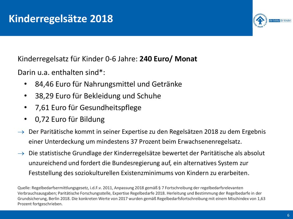 Kinderregelsätze 2018 Kinderregelsatz für Kinder 0-6 Jahre: 240 Euro/ Monat. Darin u.a. enthalten sind*: