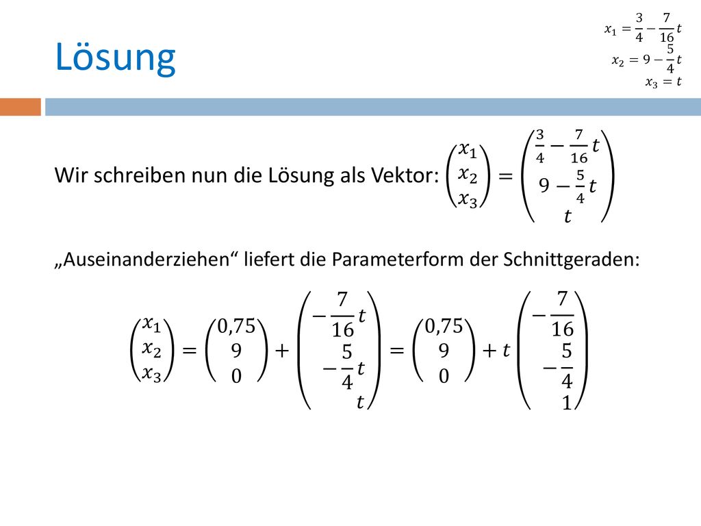 𝑥 1 = 3 4 − 7 16 𝑡 𝑥 2 =9− 5 4 𝑡. 𝑥 3 =𝑡. Lösung. Wir schreiben nun die Lösung als Vektor: 𝑥 1 𝑥 2 𝑥 3 = 3 4 − 7 16 𝑡 9− 5 4 𝑡 𝑡.
