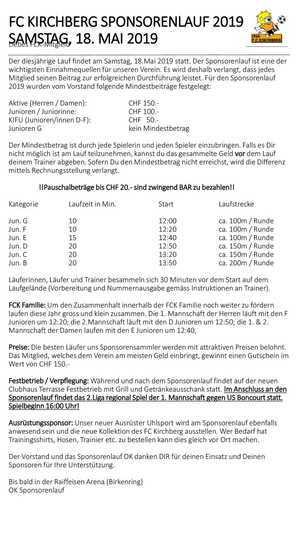 FC KIRCHBERG SPONSORENLAUF 2019 SAMSTAG, 18. MAI 2019
