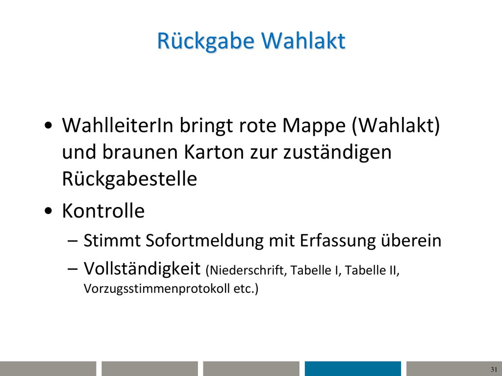 Rückgabe Wahlakt WahlleiterIn bringt rote Mappe (Wahlakt) und braunen Karton zur zuständigen Rückgabestelle.