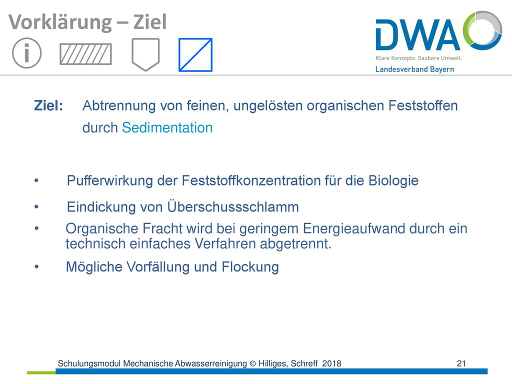 Vorklärung – Ziel i. Ziel: Abtrennung von feinen, ungelösten organischen Feststoffen durch Sedimentation.