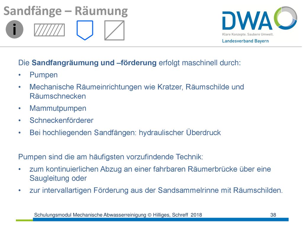 Sandfänge – Räumung i. Die Sandfangräumung und –förderung erfolgt maschinell durch: Pumpen.