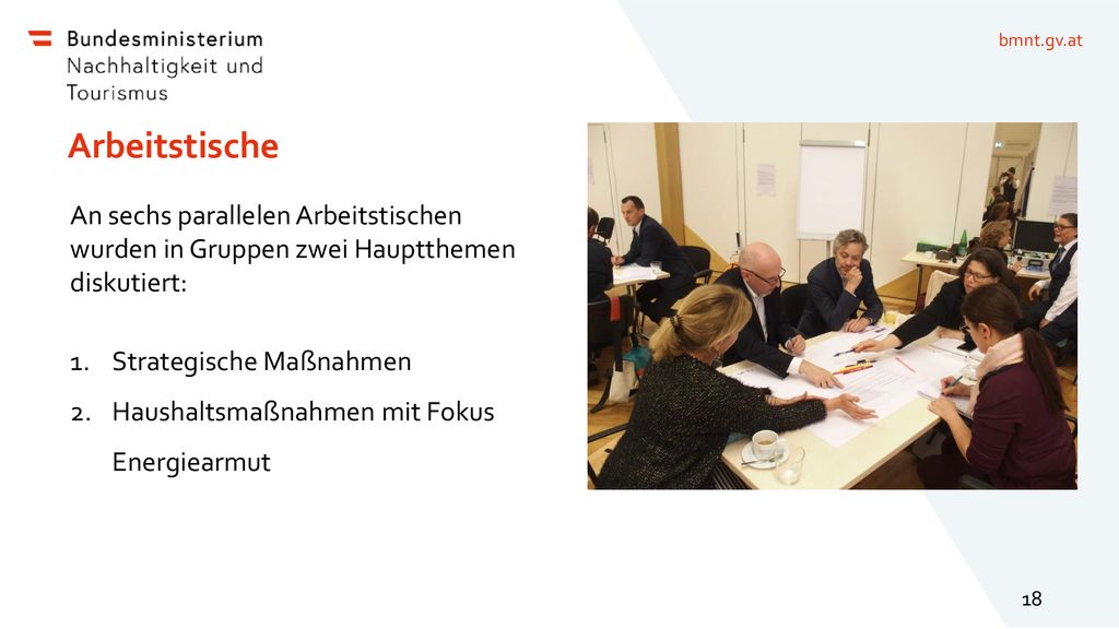 Arbeitstische An sechs parallelen Arbeitstischen wurden in Gruppen zwei Hauptthemen diskutiert: Strategische Maßnahmen.
