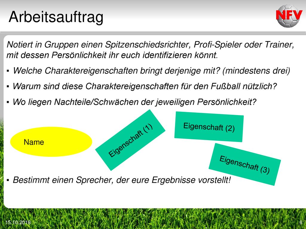 Arbeitsauftrag Notiert in Gruppen einen Spitzenschiedsrichter, Profi-Spieler oder Trainer, mit dessen Persönlichkeit ihr euch identifizieren könnt.