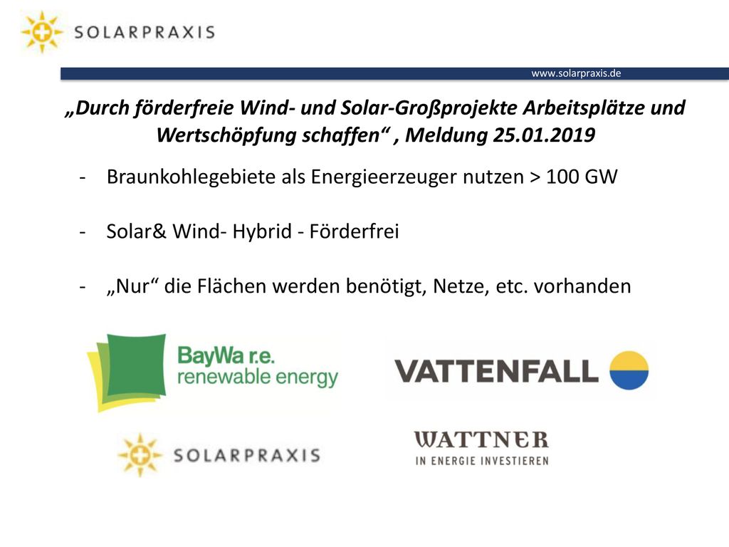 „Durch förderfreie Wind- und Solar-Großprojekte Arbeitsplätze und Wertschöpfung schaffen , Meldung