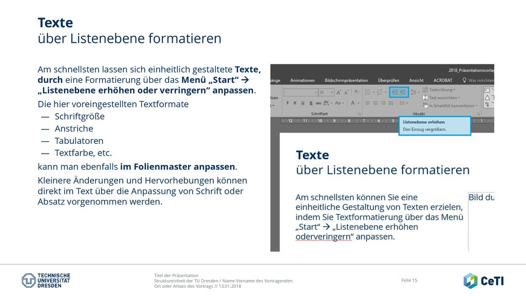 Texte über Listenebene formatieren