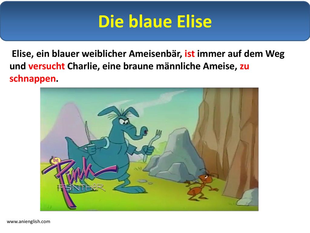 Die blaue Elise Elise, ein blauer weiblicher Ameisenbär, ist immer auf dem Weg und versucht Charlie, eine braune männliche Ameise, zu schnappen.