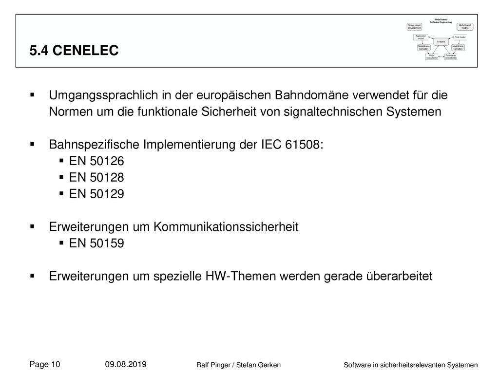 5.4 CENELEC Umgangssprachlich in der europäischen Bahndomäne verwendet für die Normen um die funktionale Sicherheit von signaltechnischen Systemen.