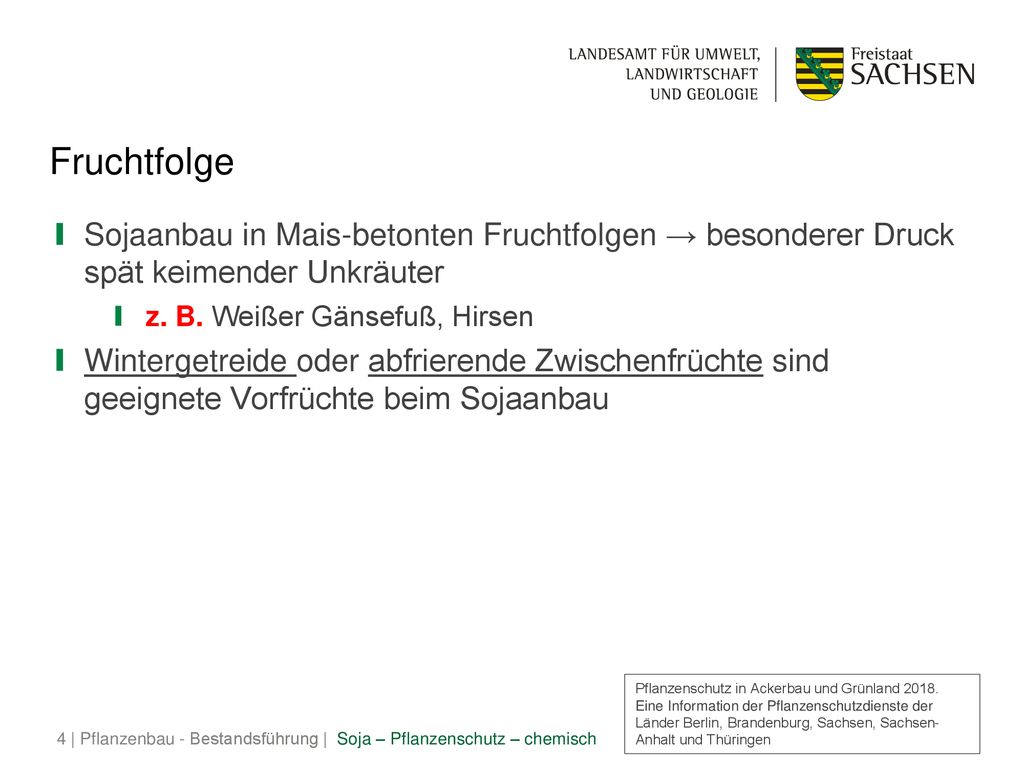 Fruchtfolge Sojaanbau in Mais-betonten Fruchtfolgen → besonderer Druck spät keimender Unkräuter. z. B. Weißer Gänsefuß, Hirsen.