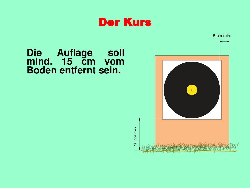 Der Kurs Die Auflage soll mind. 15 cm vom Boden entfernt sein.