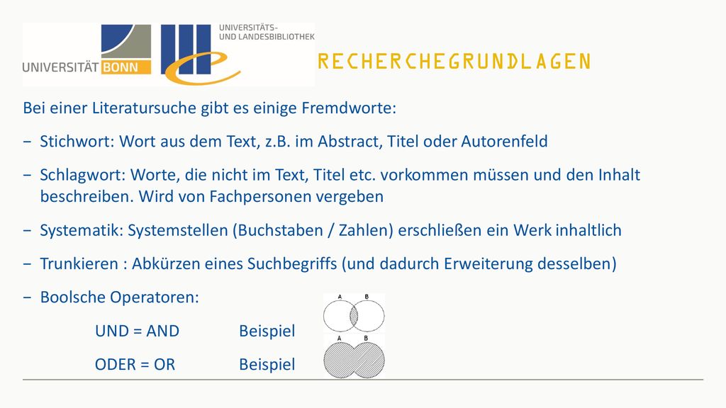 Präsentationstitel Recherchegrundlagen. Bei einer Literatursuche gibt es einige Fremdworte: