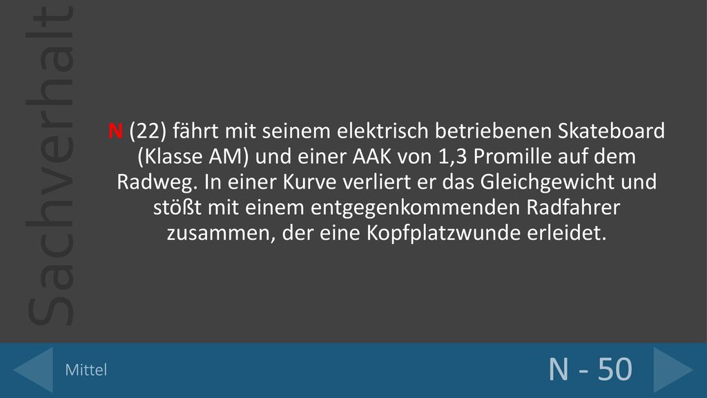 N (22) fährt mit seinem elektrisch betriebenen Skateboard (Klasse AM) und einer AAK von 1,3 Promille auf dem Radweg. In einer Kurve verliert er das Gleichgewicht und stößt mit einem entgegenkommenden Radfahrer zusammen, der eine Kopfplatzwunde erleidet.