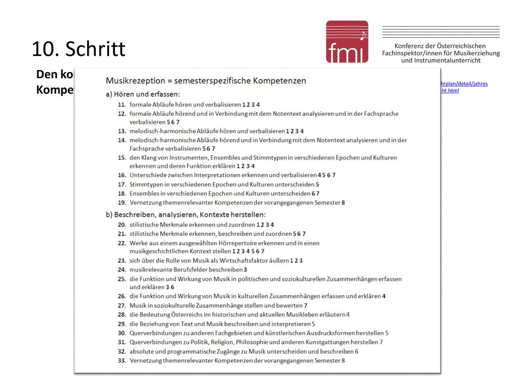 10. Schritt Den konkreten Arbeitsschritten und Lernzielen die Kompetenzen aus dem Lehrplan laut Liste zuordnen.