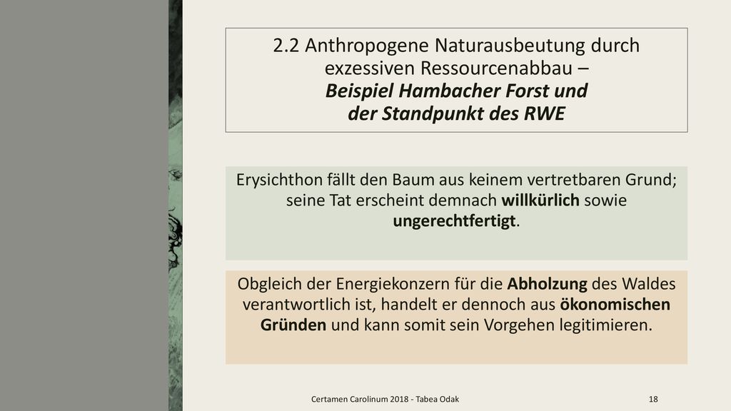 2.2 Anthropogene Naturausbeutung durch exzessiven Ressourcenabbau – Beispiel Hambacher Forst und der Standpunkt des RWE