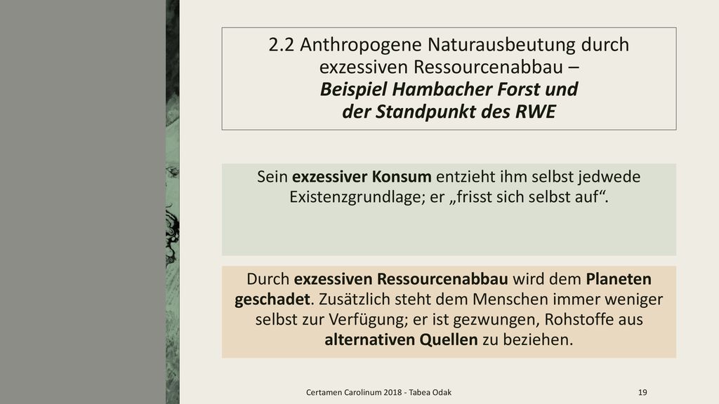 2.2 Anthropogene Naturausbeutung durch exzessiven Ressourcenabbau – Beispiel Hambacher Forst und der Standpunkt des RWE