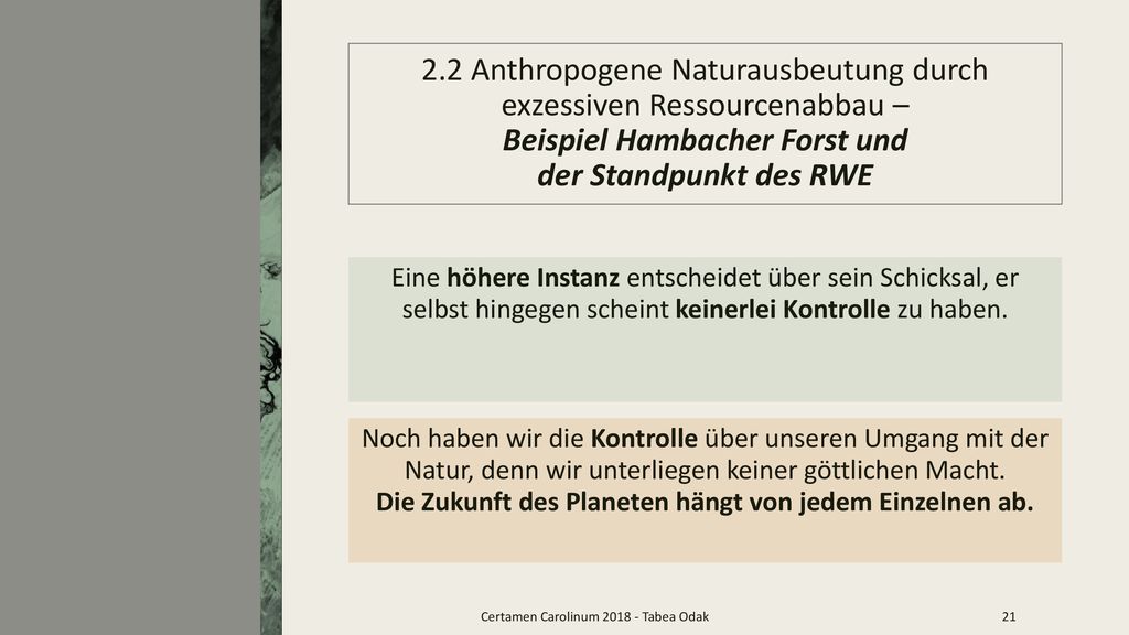 2.2 Anthropogene Naturausbeutung durch exzessiven Ressourcenabbau – Beispiel Hambacher Forst und der Standpunkt des RWE