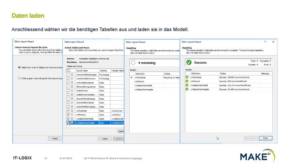 Daten laden Anschliessend wählen wir die benötigen Tabellen aus und laden sie in das Modell
