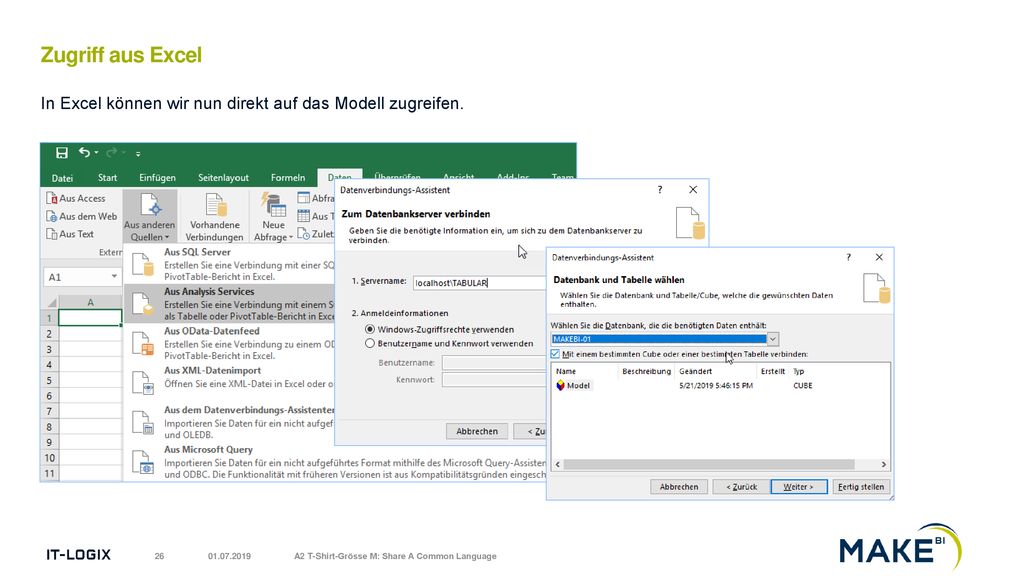 Zugriff aus Excel In Excel können wir nun direkt auf das Modell zugreifen.