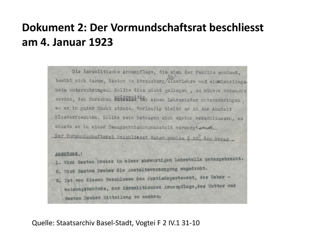 Dokument 2: Der Vormundschaftsrat beschliesst am 4. Januar 1923