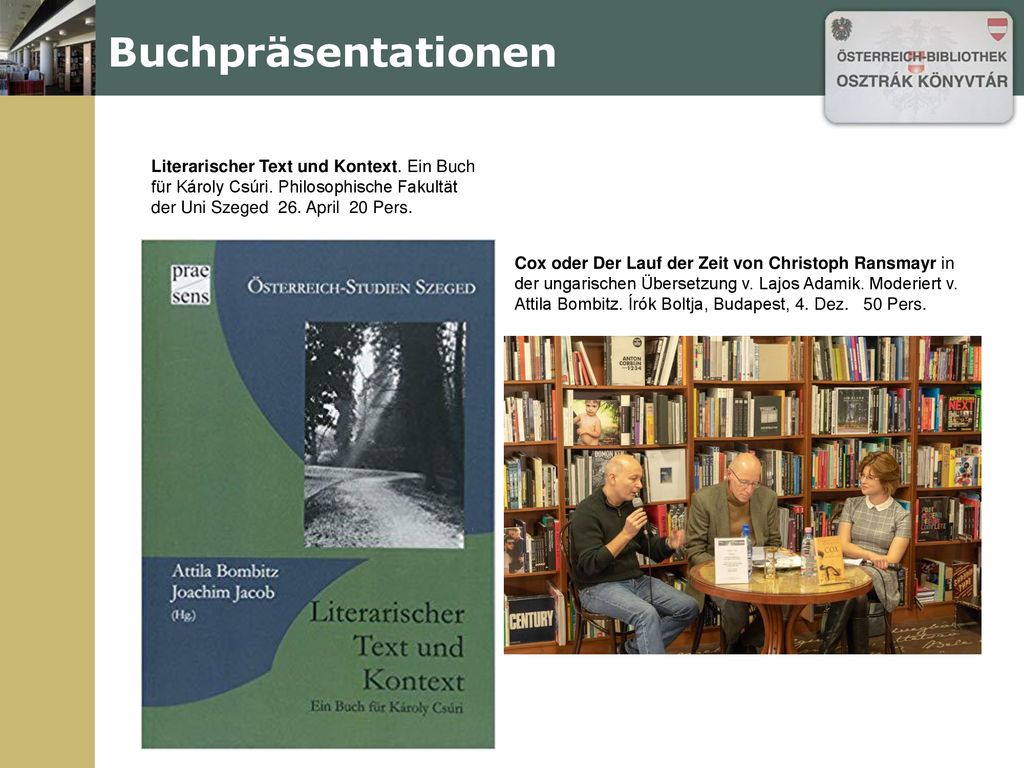 Buchpräsentationen Literarischer Text und Kontext. Ein Buch für Károly Csúri. Philosophische Fakultät der Uni Szeged 26. April 20 Pers.