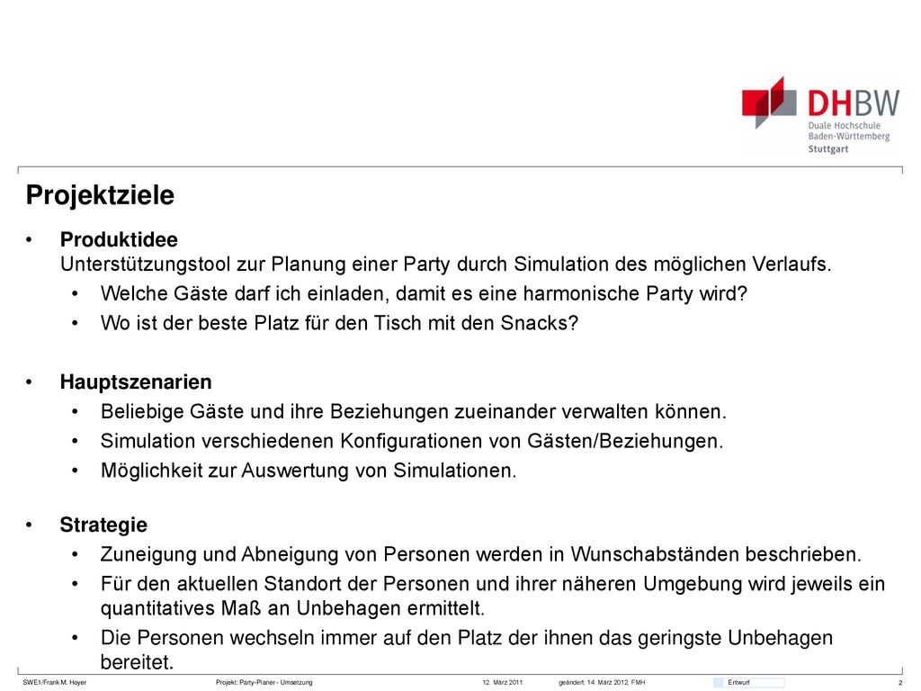 Projektziele Produktidee Unterstützungstool zur Planung einer Party durch Simulation des möglichen Verlaufs.
