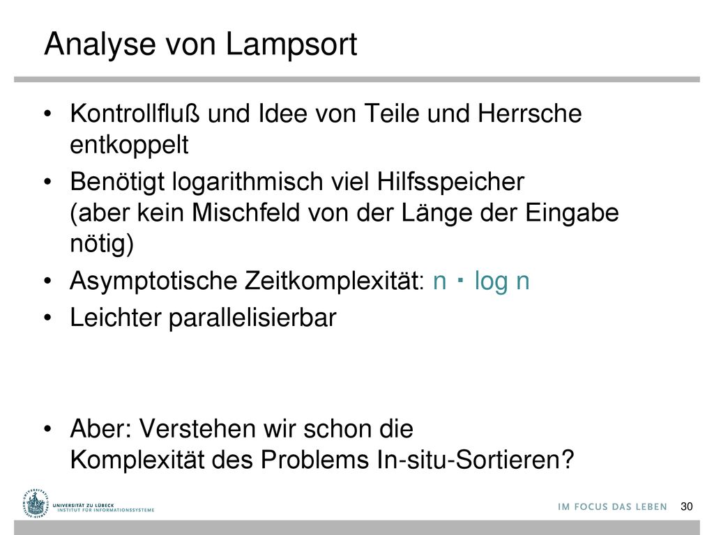 Analyse von Lampsort Kontrollfluß und Idee von Teile und Herrsche entkoppelt.