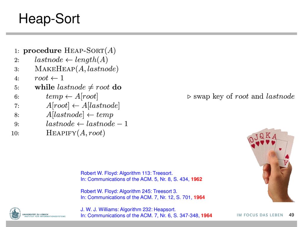 Heap-Sort Robert W. Floyd: Algorithm 113: Treesort. In: Communications of the ACM. 5, Nr. 8, S. 434,