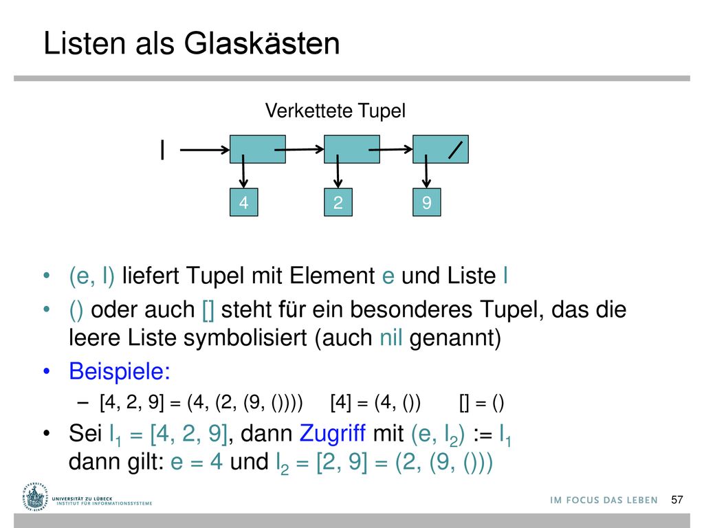 Listen als Glaskästen l (e, l) liefert Tupel mit Element e und Liste l