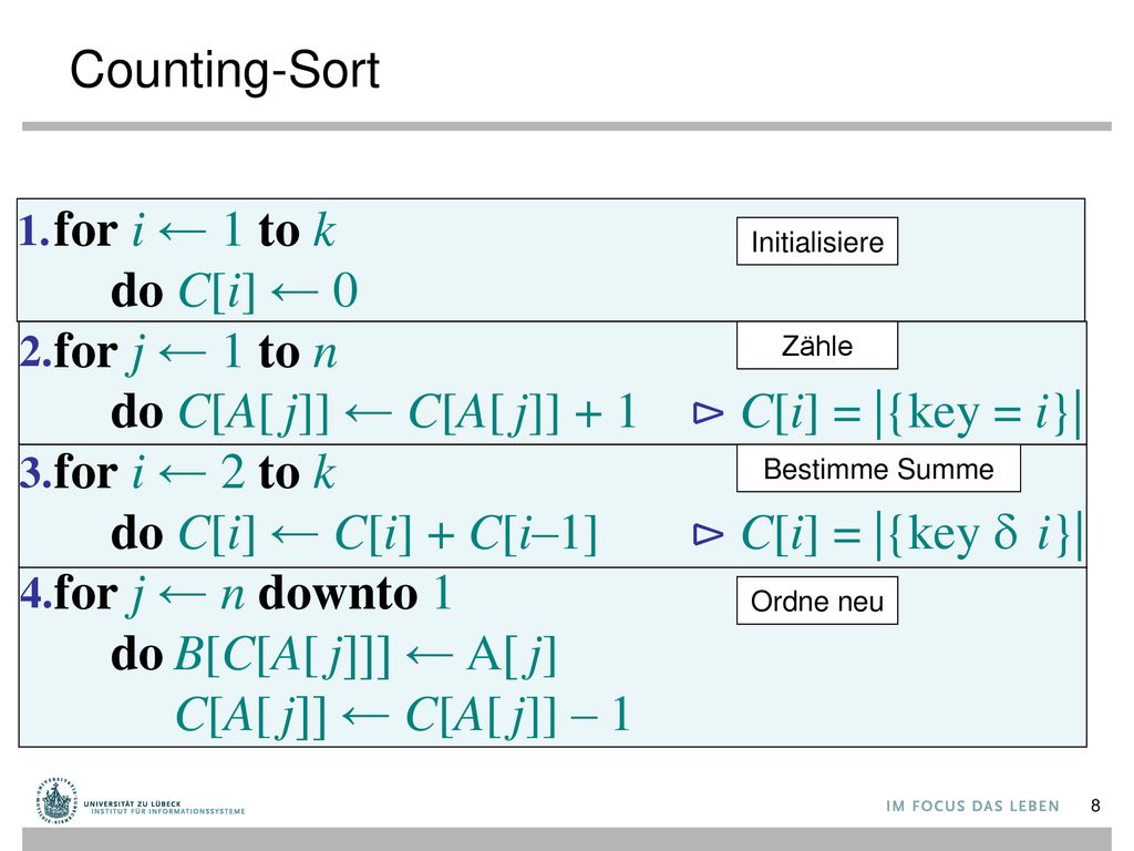 do C[A[ j]] ← C[A[ j]] + 1 ⊳ C[i] = |{key = i}| for i ← 2 to k
