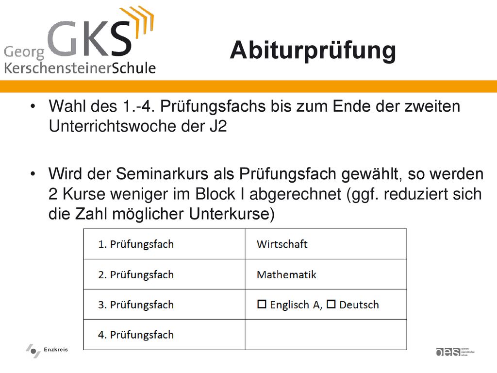 Abiturprüfung Wahl des Prüfungsfachs bis zum Ende der zweiten Unterrichtswoche der J2.