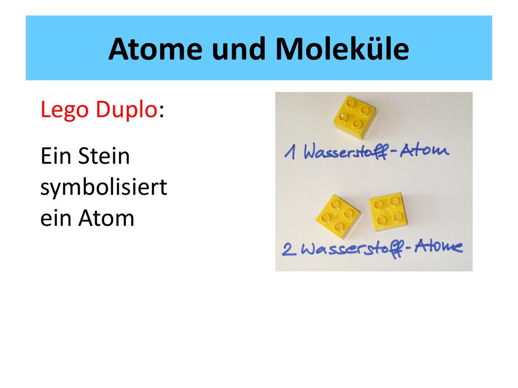 Atome und Moleküle Lego Duplo: Ein Stein symbolisiert ein Atom