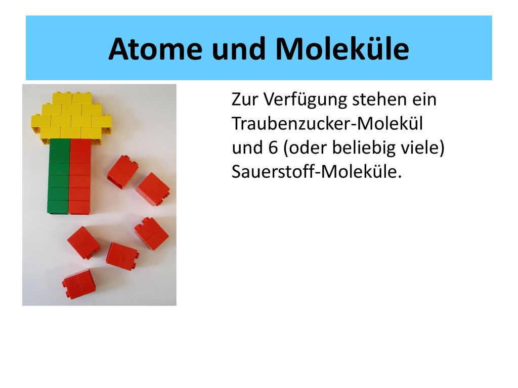 Atome und Moleküle Zur Verfügung stehen ein Traubenzucker-Molekül und 6 (oder beliebig viele) Sauerstoff-Moleküle.