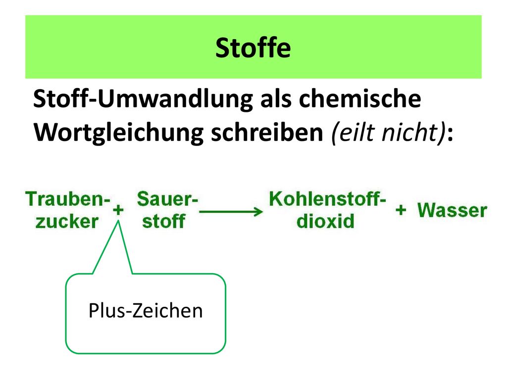 Stoffe Stoff-Umwandlung als chemische Wortgleichung schreiben (eilt nicht): Plus-Zeichen