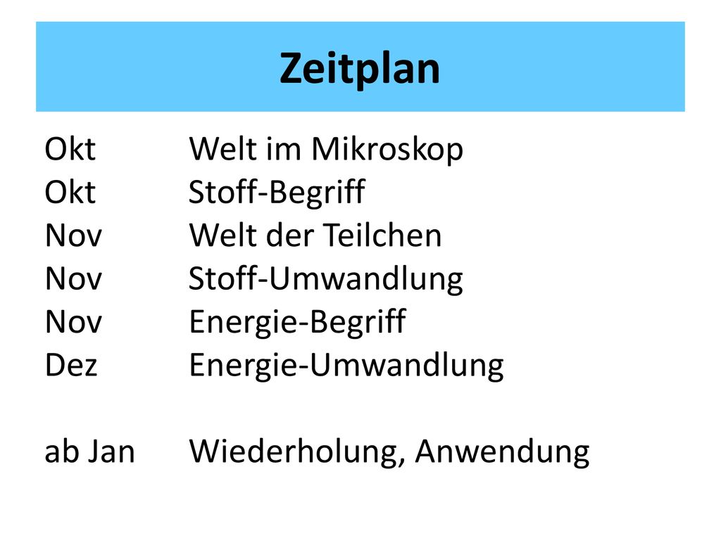 Zeitplan Okt Welt im Mikroskop Okt Stoff-Begriff Nov Welt der Teilchen