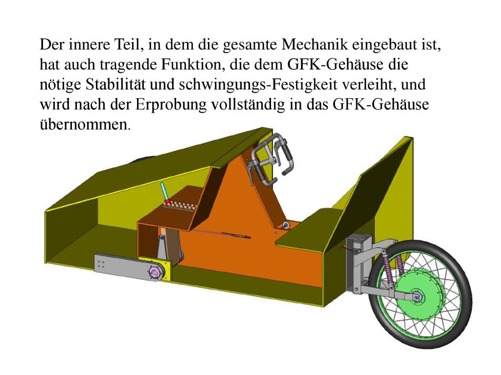 Der innere Teil, in dem die gesamte Mechanik eingebaut ist, hat auch tragende Funktion, die dem GFK-Gehäuse die nötige Stabilität und schwingungs-Festigkeit verleiht, und wird nach der Erprobung vollständig in das GFK-Gehäuse übernommen.