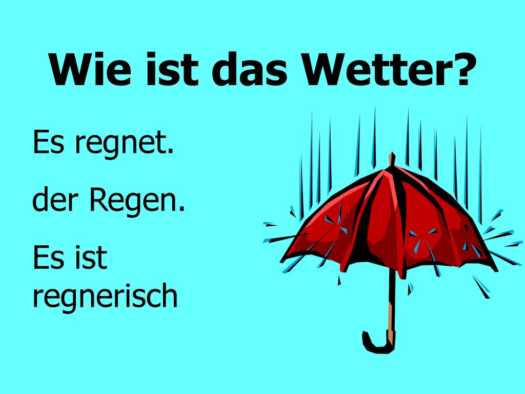 Wie ist das Wetter Es regnet. der Regen. Es ist regnerisch