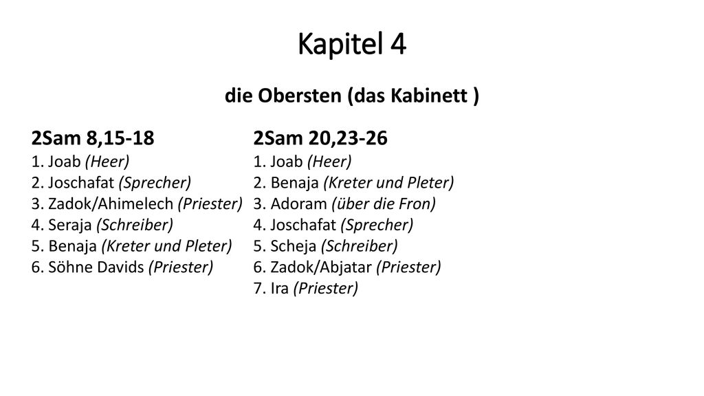 Kapitel 4 die Obersten (das Kabinett ) 2Sam 8, Sam 20,23-26