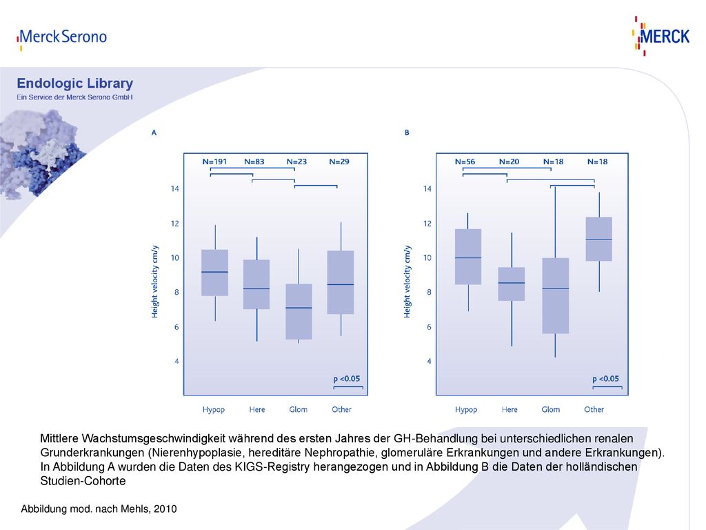 Mittlere Wachstumsgeschwindigkeit während des ersten Jahres der GH-Behandlung bei unterschiedlichen renalen Grunderkrankungen (Nierenhypoplasie, hereditäre Nephropathie, glomeruläre Erkrankungen und andere Erkrankungen). In Abbildung A wurden die Daten des KIGS-Registry herangezogen und in Abbildung B die Daten der holländischen Studien-Cohorte