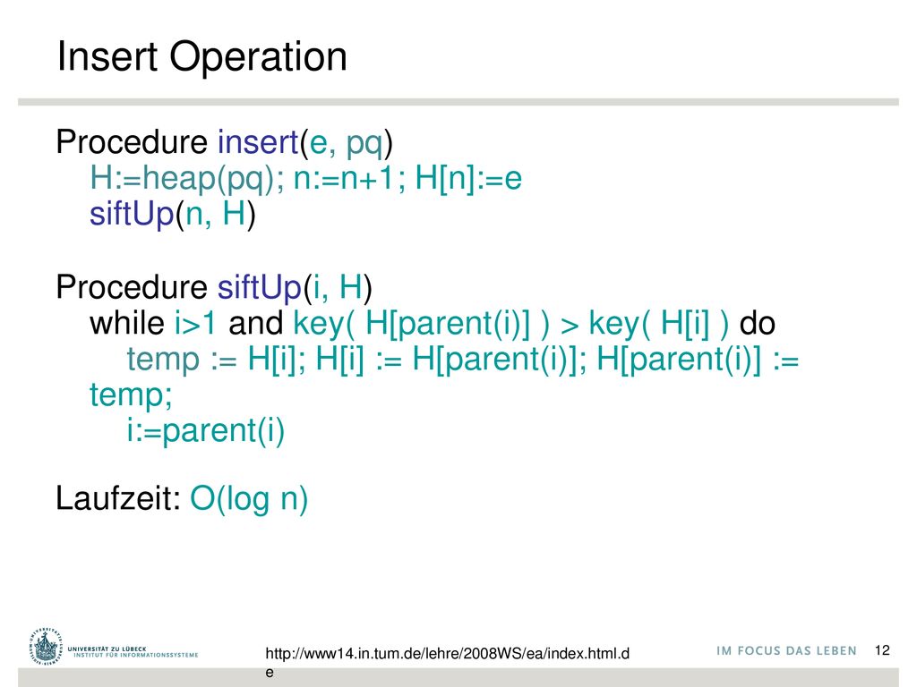 Insert Operation Procedure insert(e, pq) H:=heap(pq); n:=n+1; H[n]:=e siftUp(n, H)