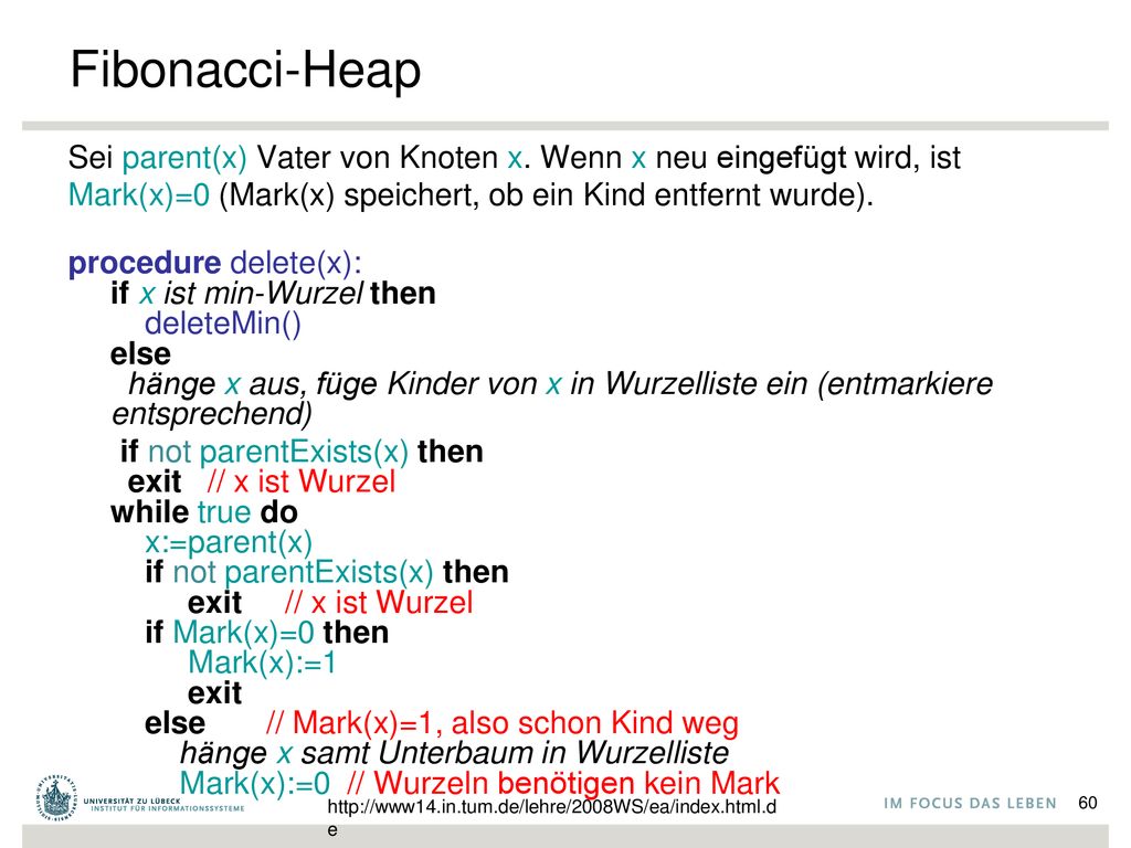 Fibonacci-Heap Sei parent(x) Vater von Knoten x. Wenn x neu eingefügt wird, ist. Mark(x)=0 (Mark(x) speichert, ob ein Kind entfernt wurde).