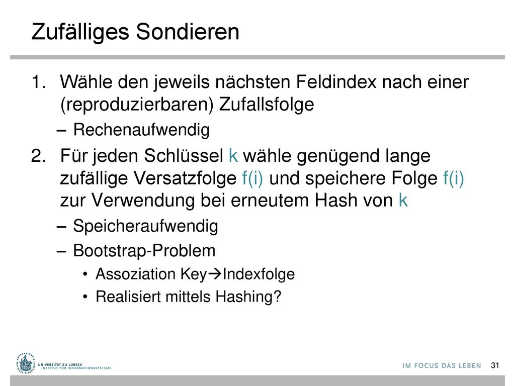 Zufälliges Sondieren Wähle den jeweils nächsten Feldindex nach einer (reproduzierbaren) Zufallsfolge.