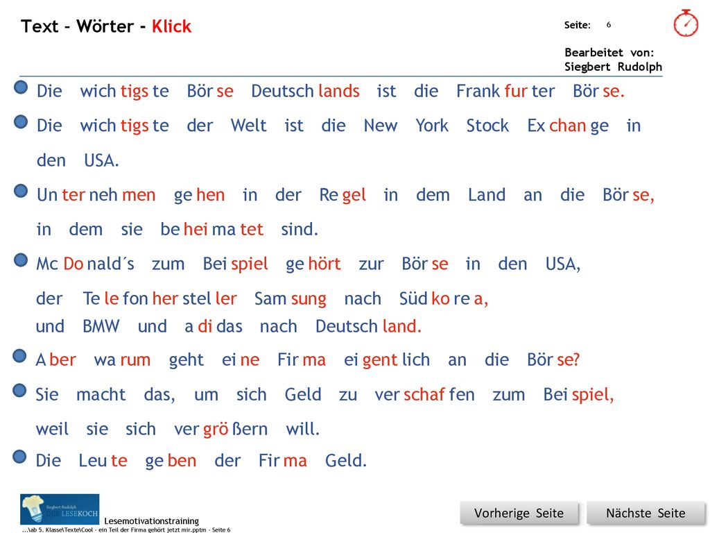 Text – Wörter - Klick Die wich tigs te Bör se Deutsch lands ist die